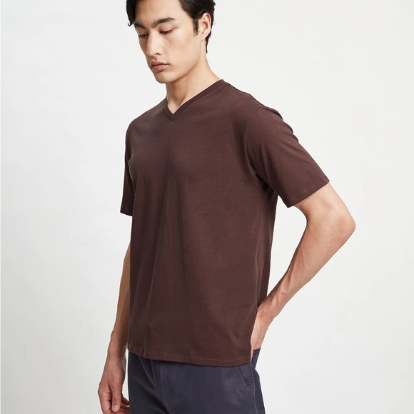 Grana Supima Cotton Dark Oak Brown V-Neck Short Sleeve Tee T-shirt L - Picture 2 of 7